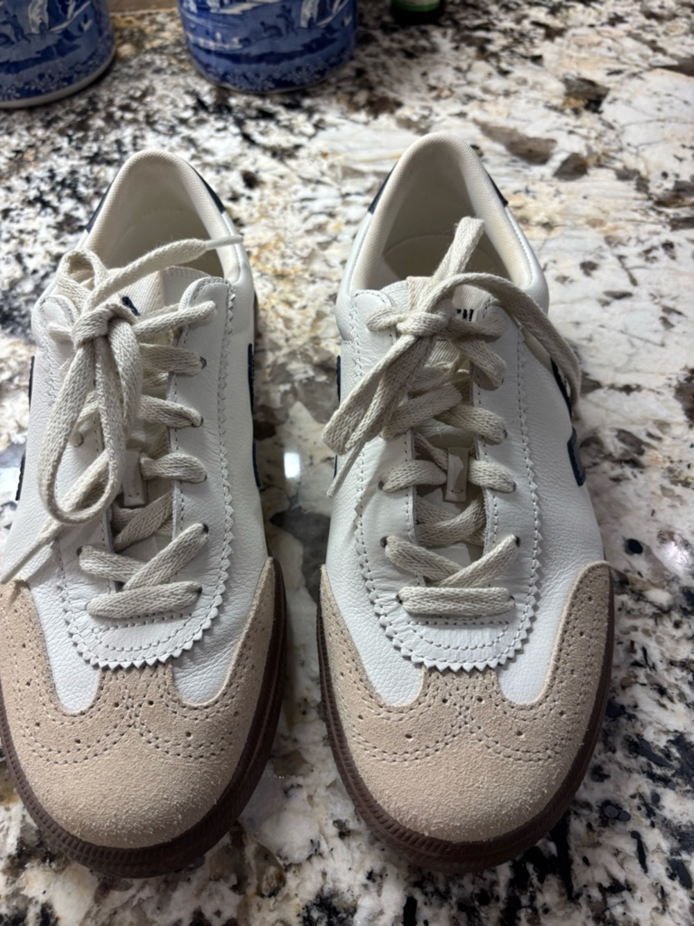 Veja White Leather Sneakers with Beige Suede Toe and Black V